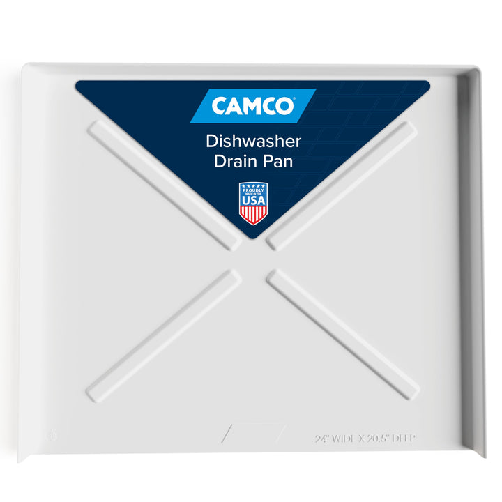 Camco dishwasher pan front view showing full coverage and visible leak protection