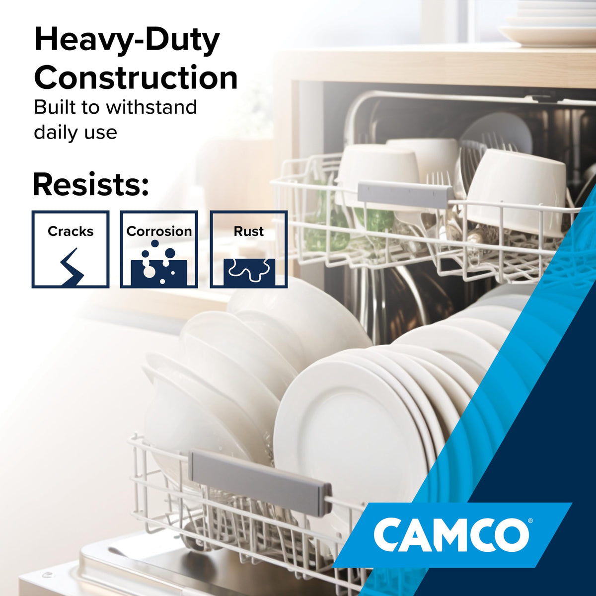 Camco dishwasher pan next to ruler showing 24 by 20.5 inch dimensions for fit