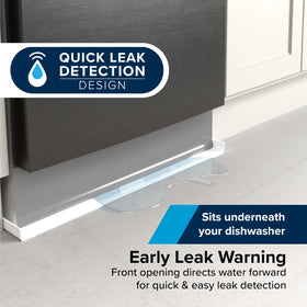 Camco dishwasher pan installed under dishwasher demonstrating quick slide-under fit