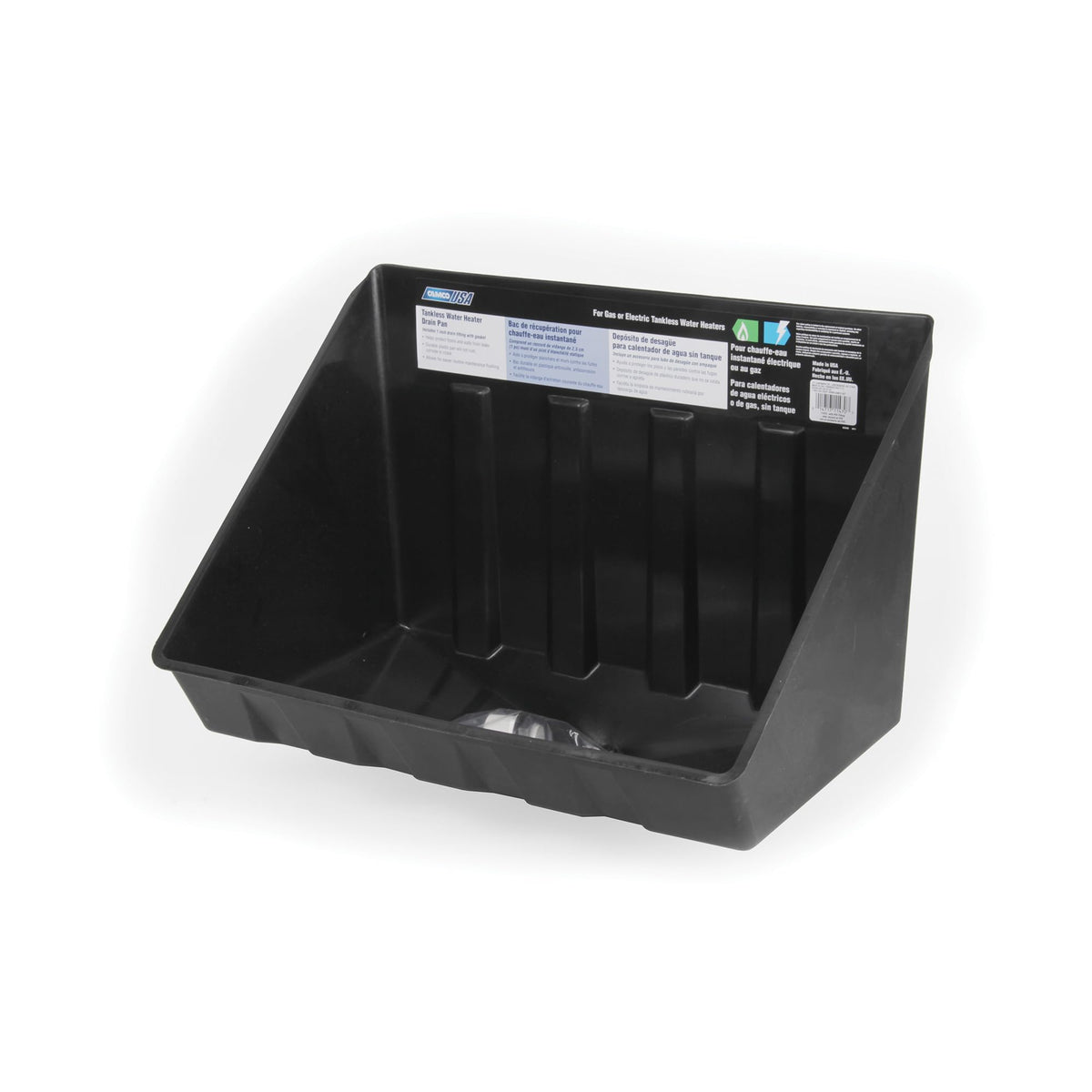 Camco drain pan front view showing shape and size for leak protection