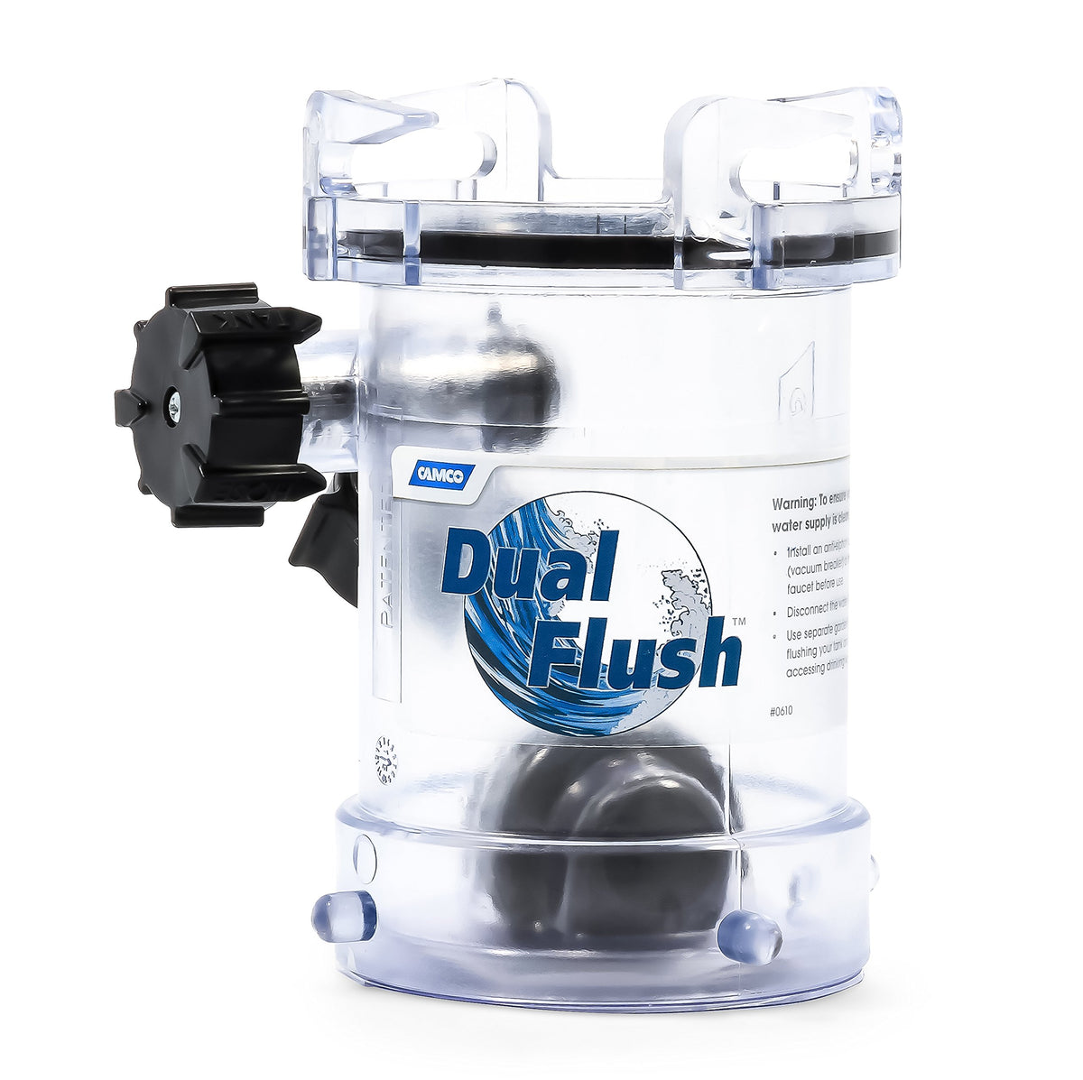Camco Dual Flush front connection showing secure hose fit and easy hookup benefit