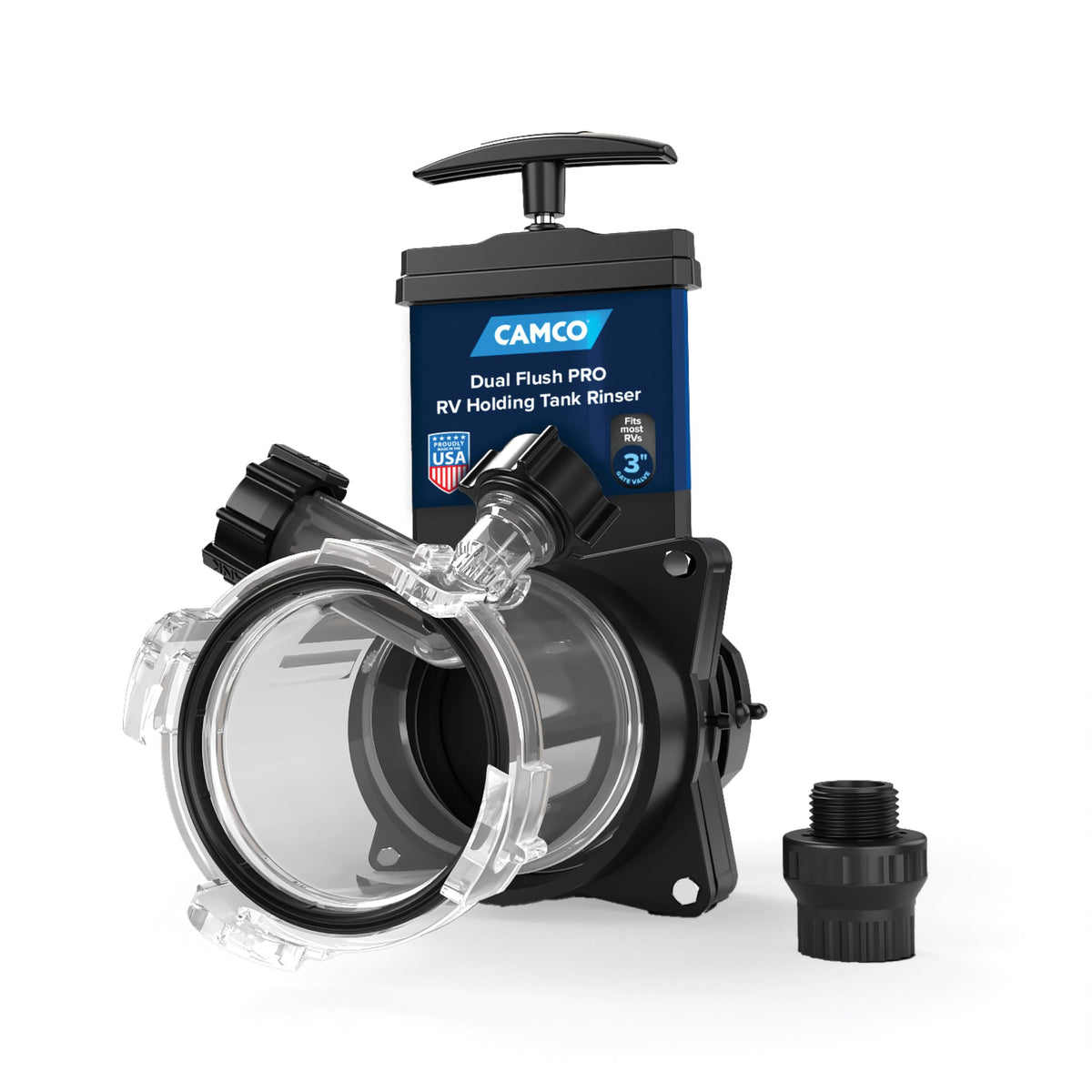 Camco Dual Flush Pro front assembly showing secure connections and easier maintenance