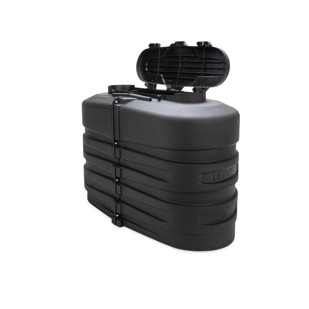Camco front view of dual propane cover showing secure fit and protection