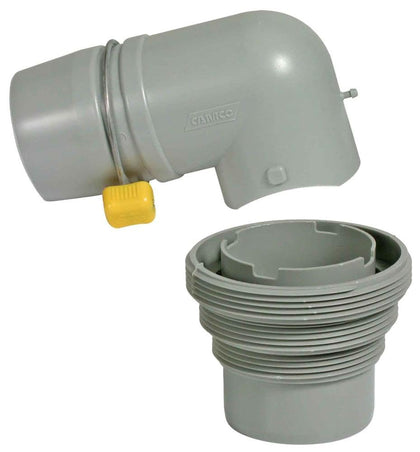 Camco Easy Slip elbow front view showing spin-lock and secure leak resistance