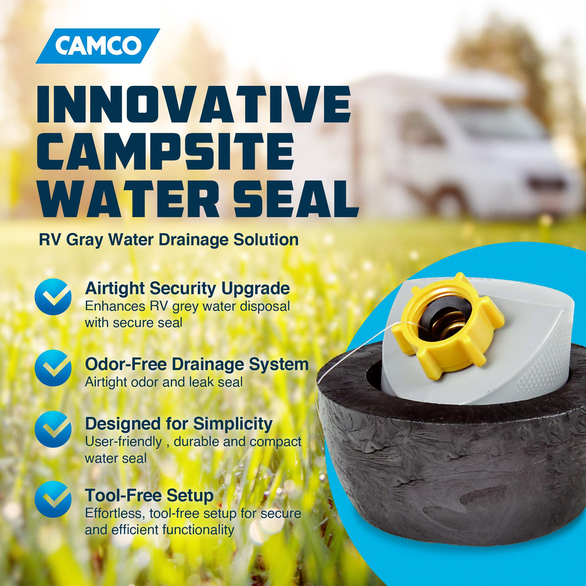 Camco Easy Slip installed on RV sewer outlet demonstrating secure quick hookup benefit