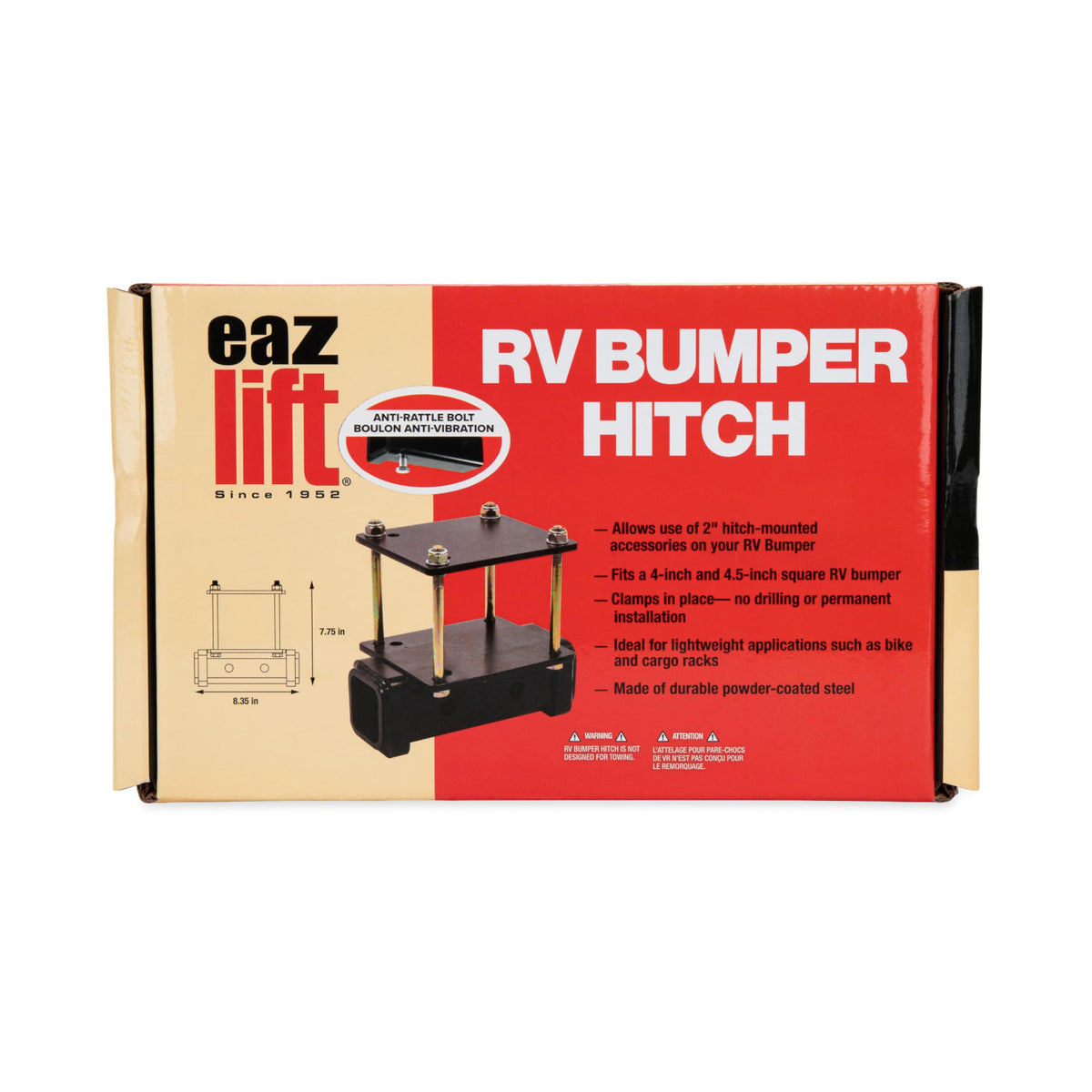 Camco hitch next to tape measure demonstrating 7 3/4" by 8 3/8" size