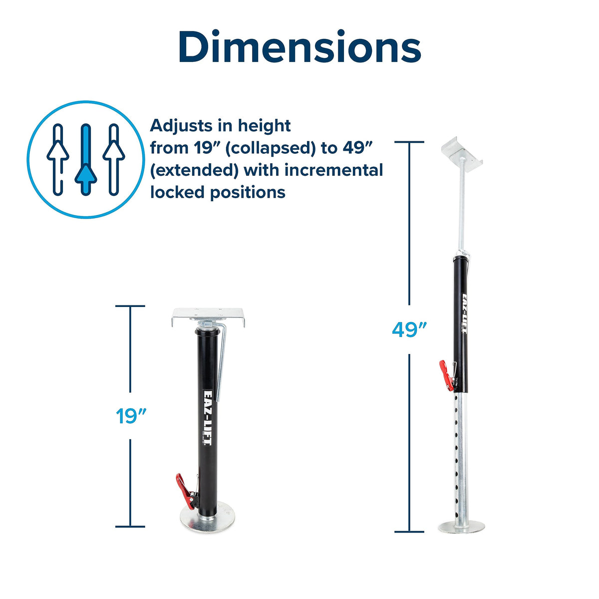 Camco supports extended and collapsed to show 19 to 49 inch range benefit