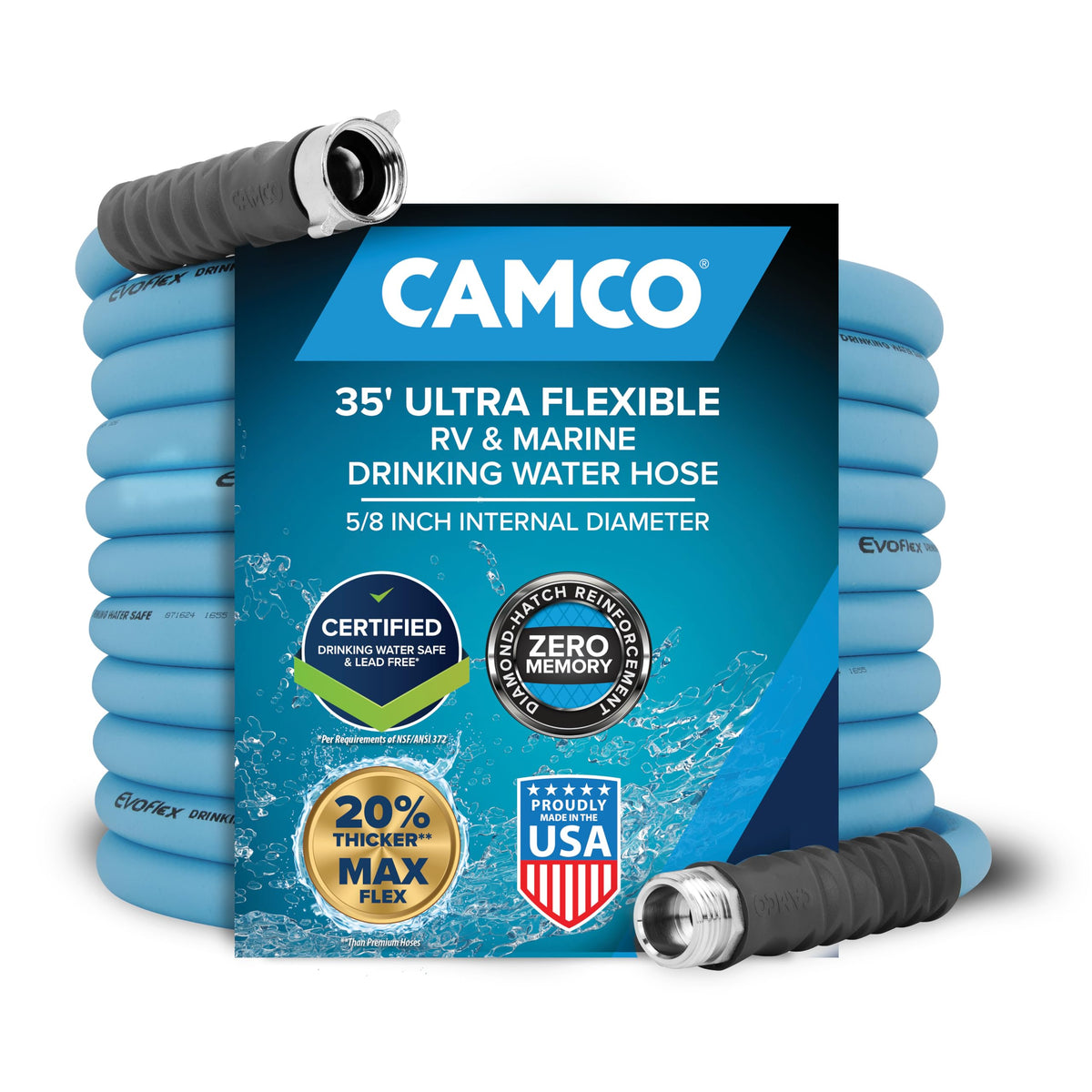 Camco EVOFlex front packaging showing hose and benefits
