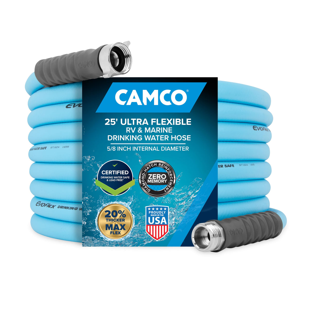 Camco EVOFlex front view showing full 25-ft hose and packaging benefit safe water