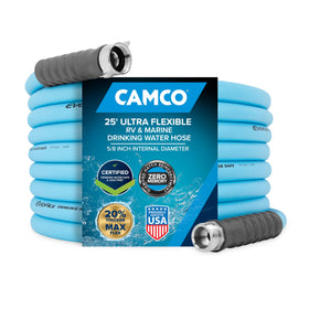 Camco EVOFlex front view showing full 25-ft hose and packaging benefit safe water
