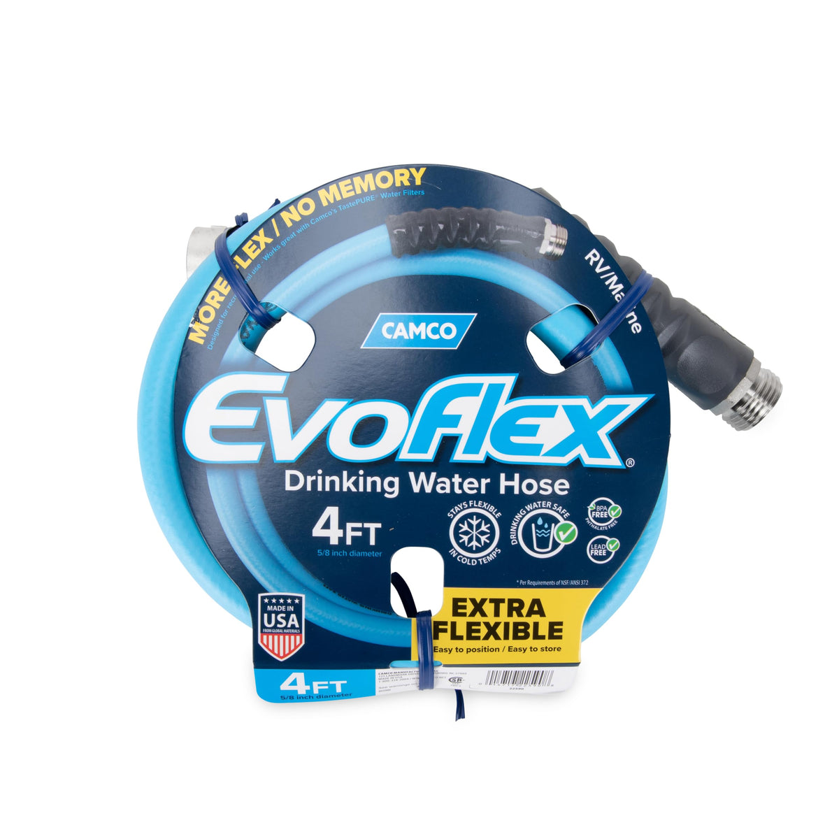 Camco EVOFlex front packaging showing compact 4-foot potable hose benefit