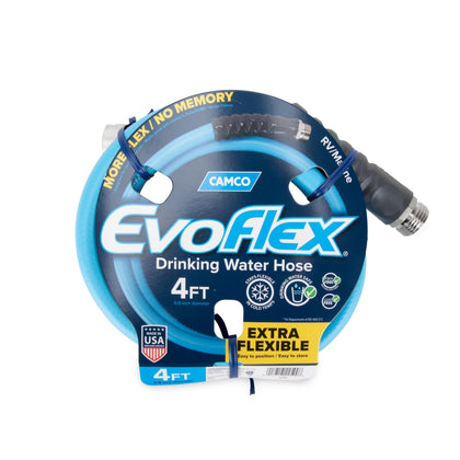 Camco EVOFlex front packaging showing compact 4-foot potable hose benefit