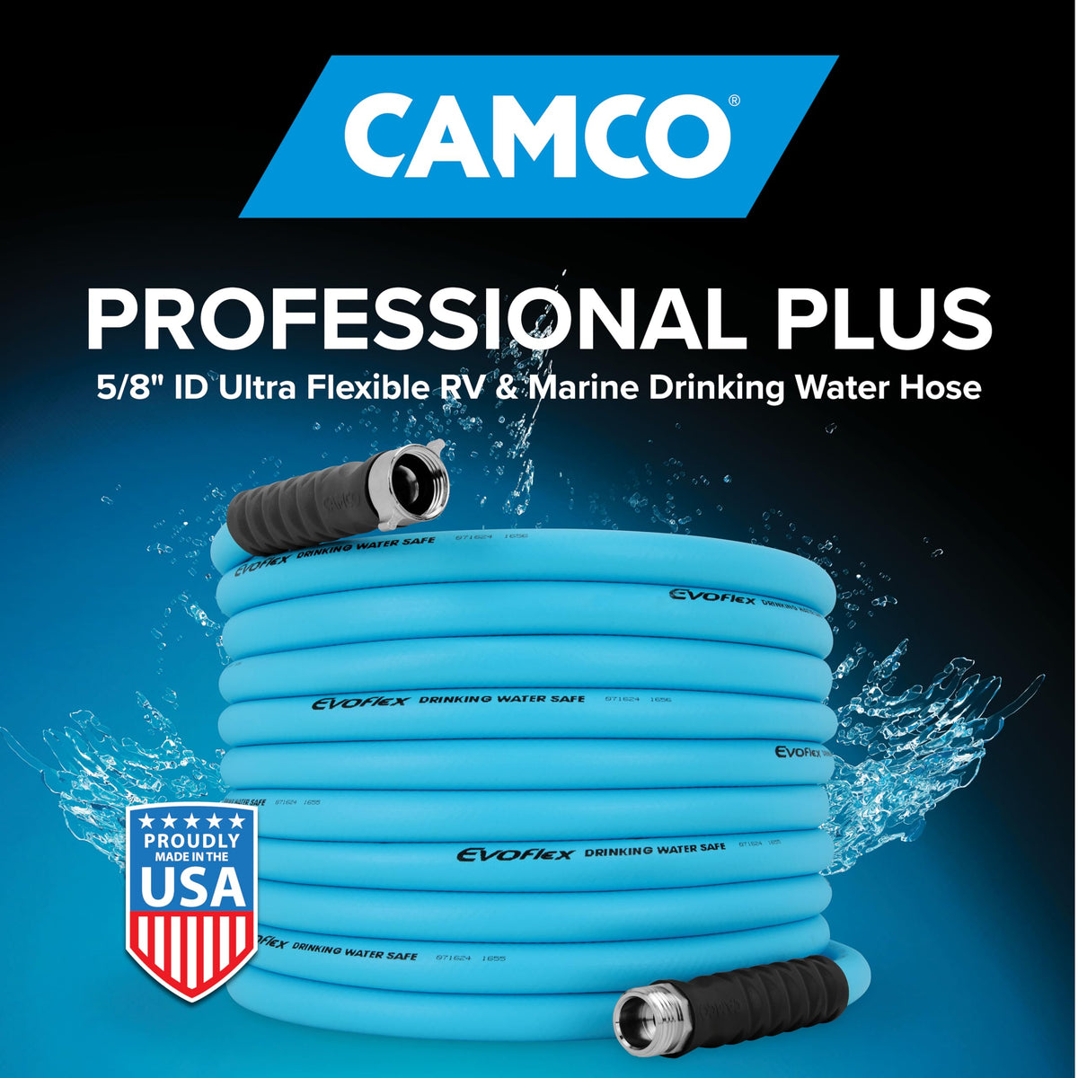 Camco EVOFlex pictured connected to an RV water inlet showing convenient potable use benefit