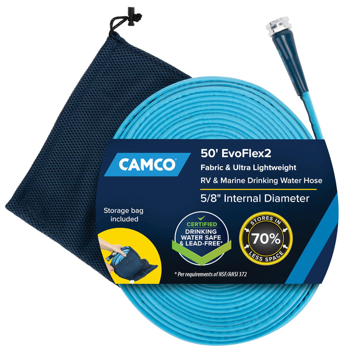 Camco EvoFlex2 front view showing full 50-foot hose and space-saving design benefit