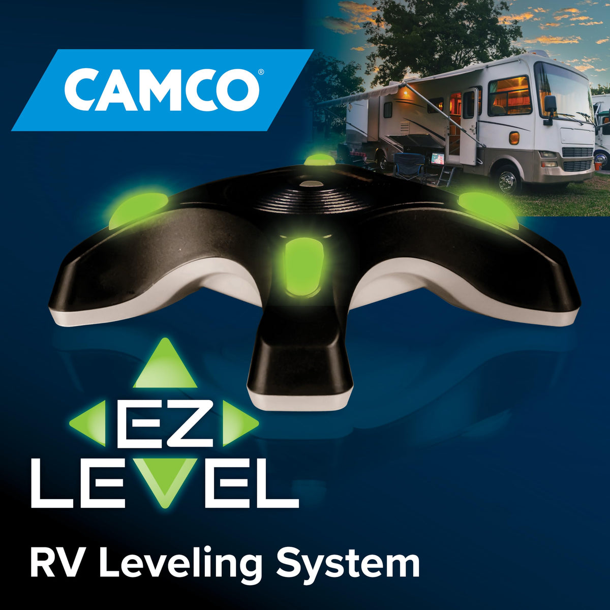 Camco close-up of illuminated LEDs showing level status instantly