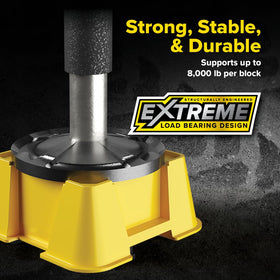 Camco FasTen base positioned under RV stabilizer jack demonstrating secure support