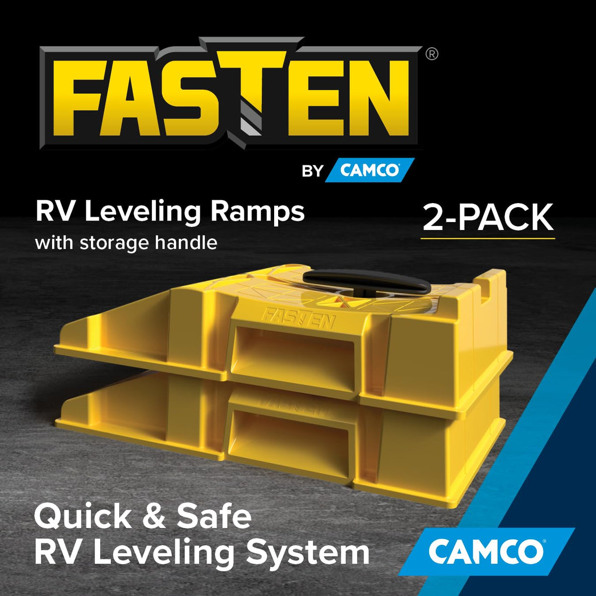 Camco FasTen ramp under RV tire demonstrating fast lift and improved setup stability
