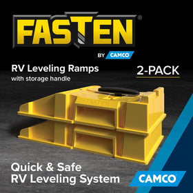 Camco FasTen ramp under RV tire demonstrating fast lift and improved setup stability