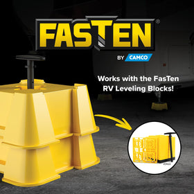 Camco FasTen bases in campsite scene providing stable jack footing and peace of mind