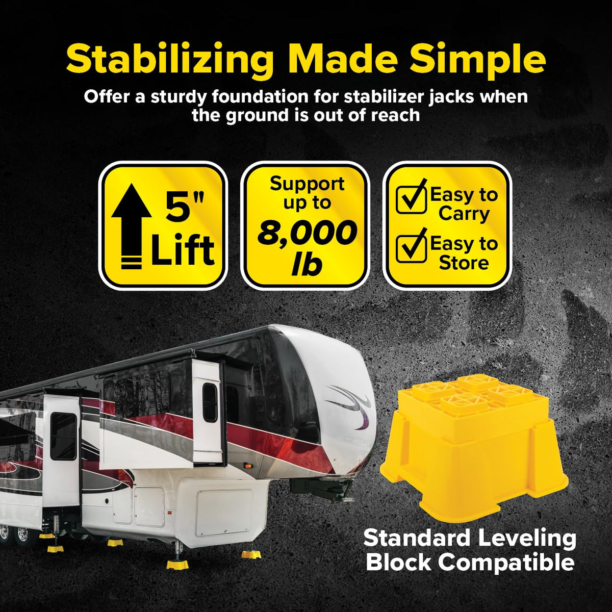 Camco FasTen stacked with 2x2 leveling block for added height and reliable lift