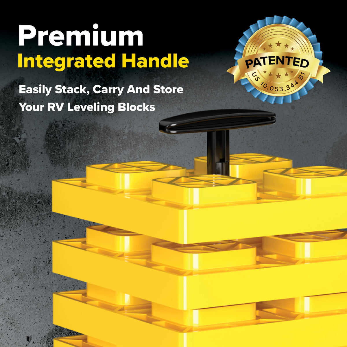 Camco FasTen stacked under RV tire providing stable, level support