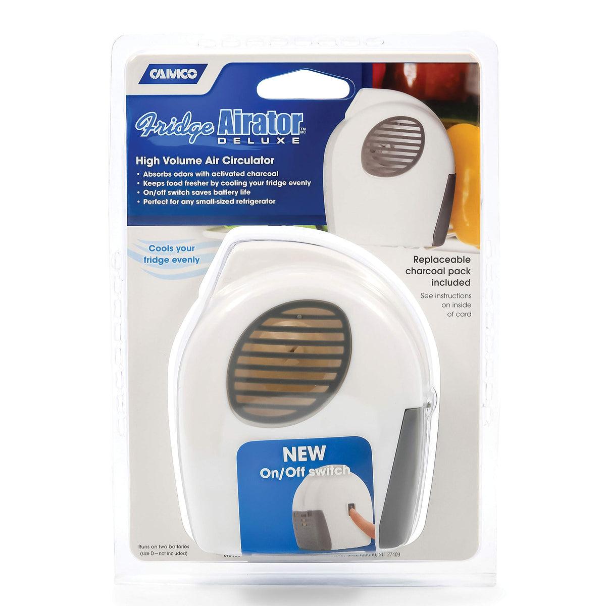 Camco Airator placed inside an RV fridge circulating air to keep food fresher