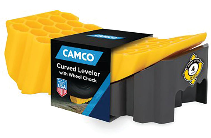 Camco front view of curved leveler showing compact drive-on design and portability