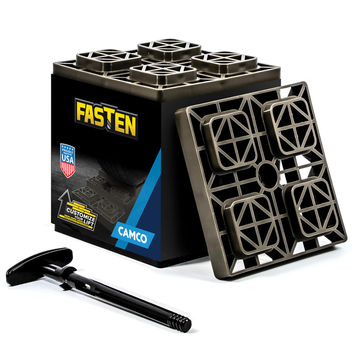 Camco front view of the 10-pack gray leveling blocks showing compact packability and easy transport