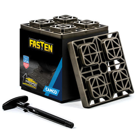 Camco front view of the 10-pack gray leveling blocks showing compact packability and easy transport