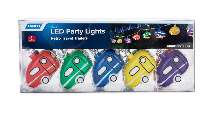 Camco front packaging showing 8-foot strand with ten bulbs and included spares