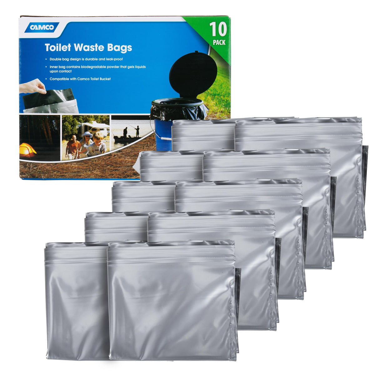 Camco front packaging showing pack of 10 bags and convenience benefit