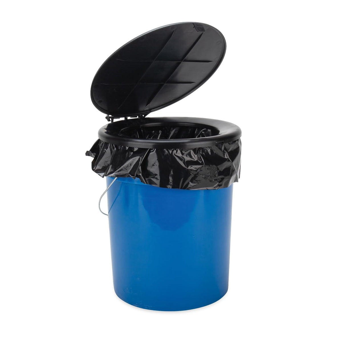 Camco front view of 5-gallon bucket toilet showing compact design and portability
