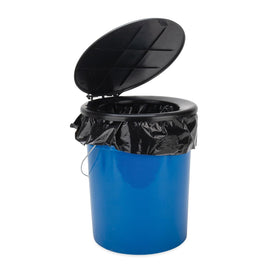 Camco front view of 5-gallon bucket toilet showing compact design and portability