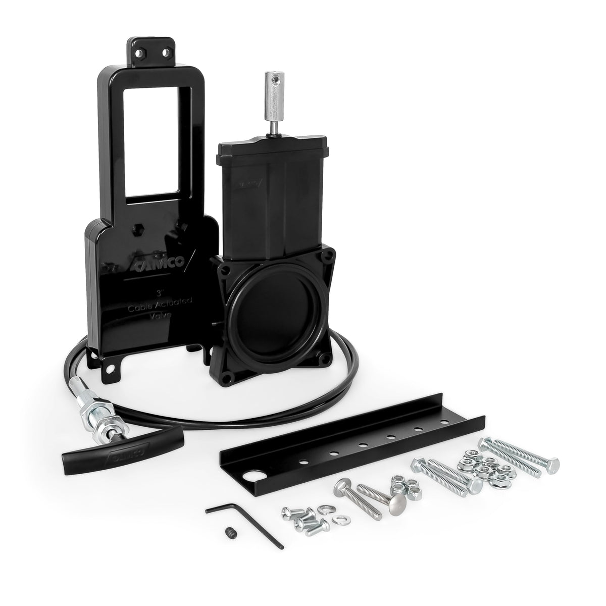 Camco front view of mounted 3-inch waste valve showing easy access benefit