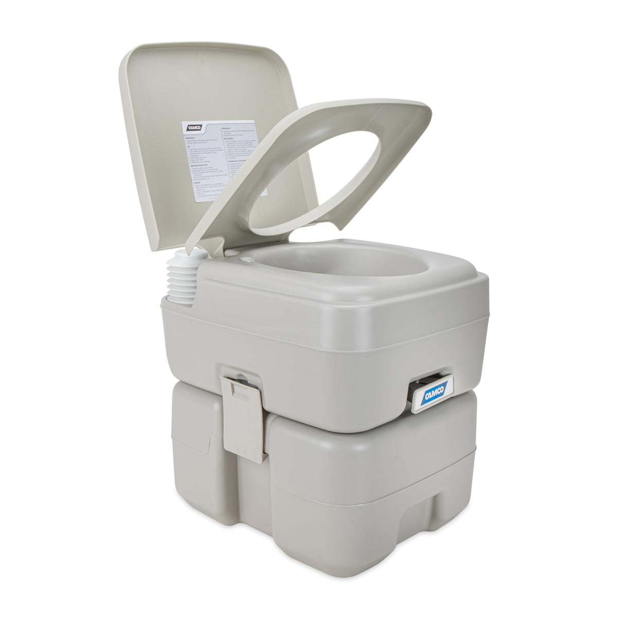 Camco front view of portable toilet showing compact design and convenience