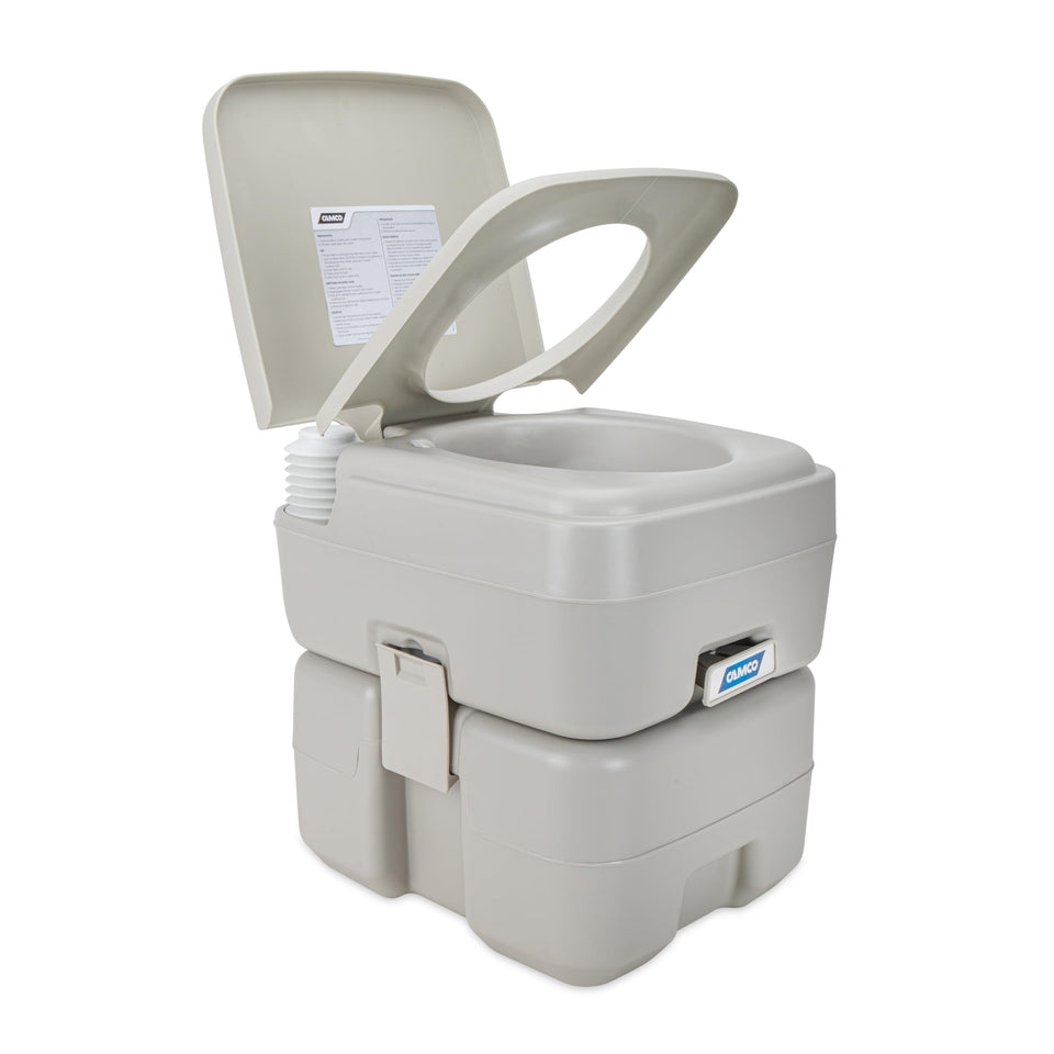 Camco front view of portable toilet showing compact design and convenience