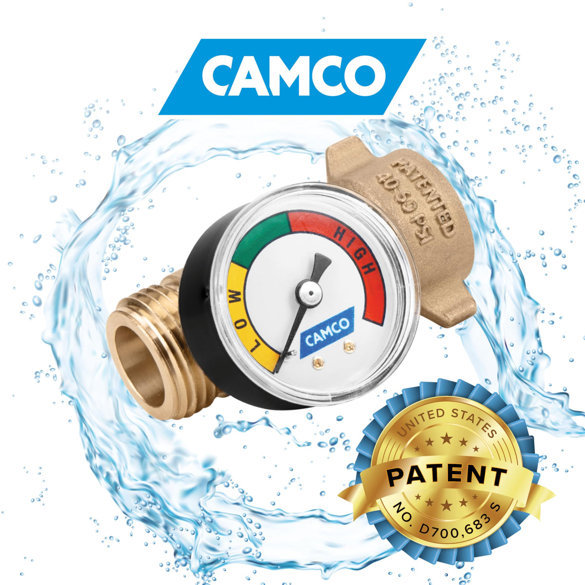 Camco gauge closeup with color-coded display offers quick pressure verification