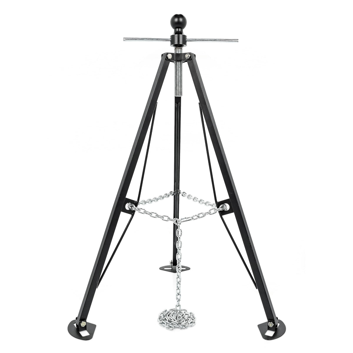 Camco stabilizer front view showing tripod support and improved trailer steadiness