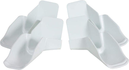 Camco gutter spouts front view showing four white spouts and benefits