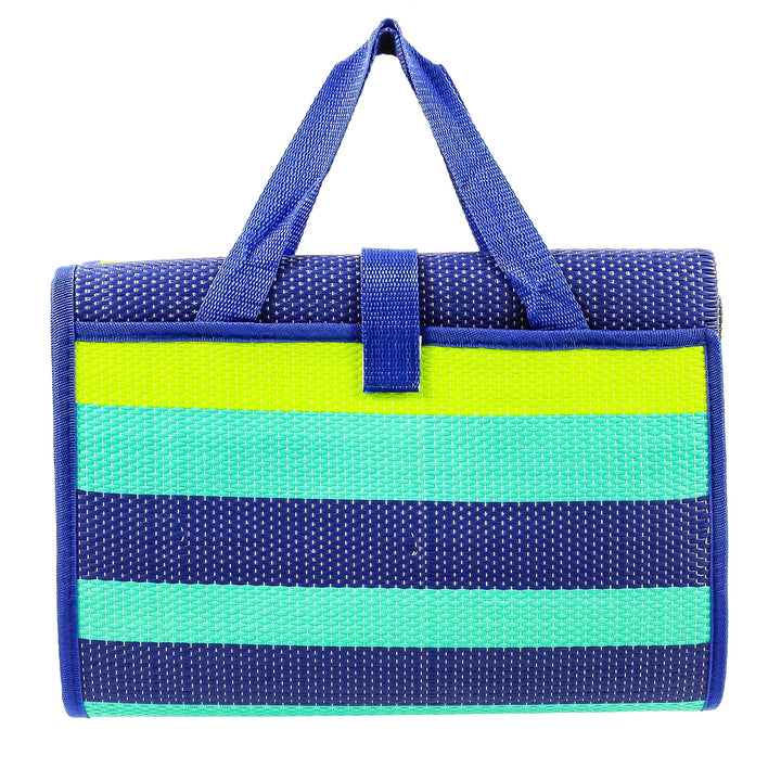 Camco handy mat front view showing full green turquoise pattern and seating area benefit