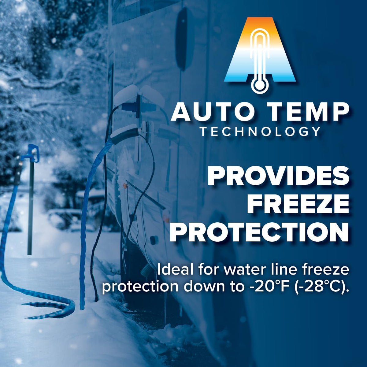 Camco hose connected to RV water spigot in winter, preventing line freeze and maintaining flow