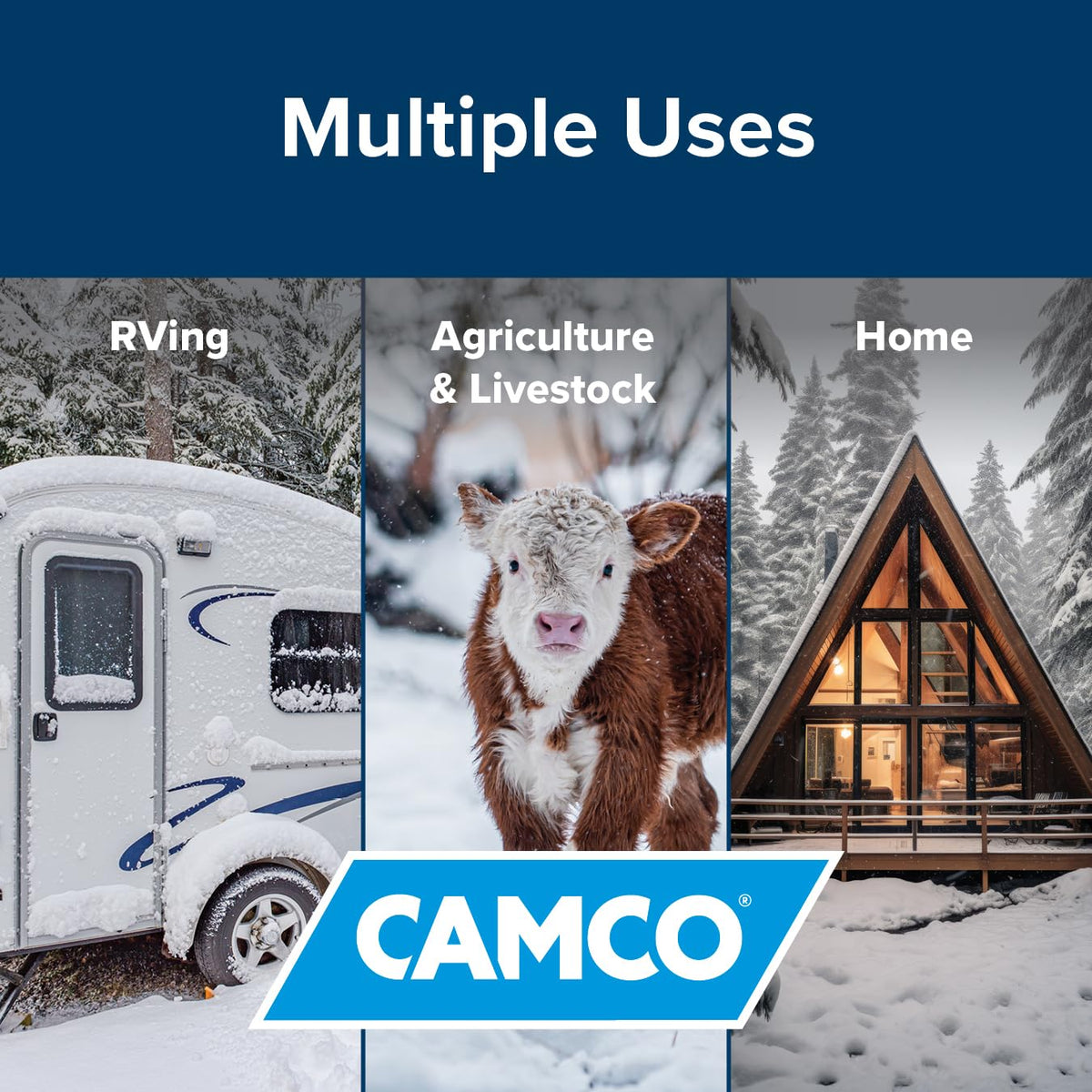 Camco hose supplying water to livestock trough on farm, reliable cold-weather hydration solution