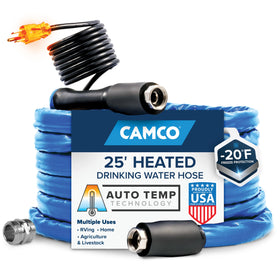 Camco heated water hose full-length view showing durable jacket and fittings, ensuring reliable winter water flow