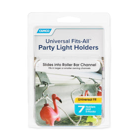 Camco hangers holding string lights evenly across an RV awning for ambiance