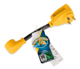 Camco adapter plugged into a campground pedestal demonstrating quick setup