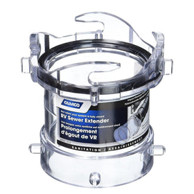 Camco adapter in use with flowing water demonstrating unobstructed drainage