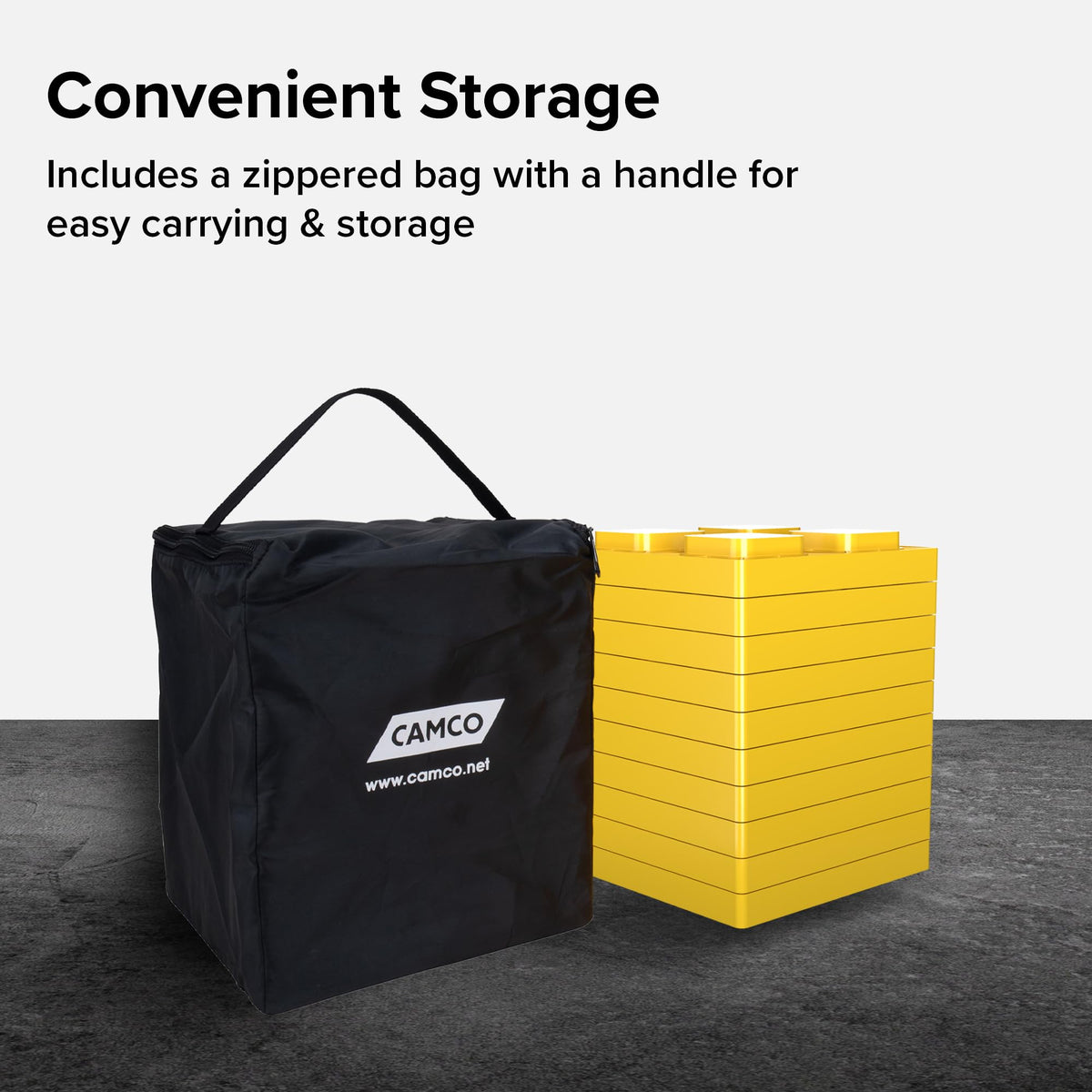 Camco block used as jack pad under tongue jack for stable lifting and support