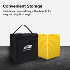 Camco block used as jack pad under tongue jack for stable lifting and support