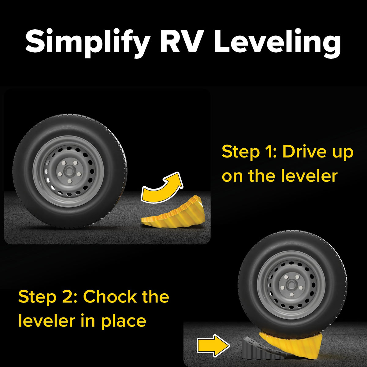 Camco leveler in use as tire drives on for precise height adjustment