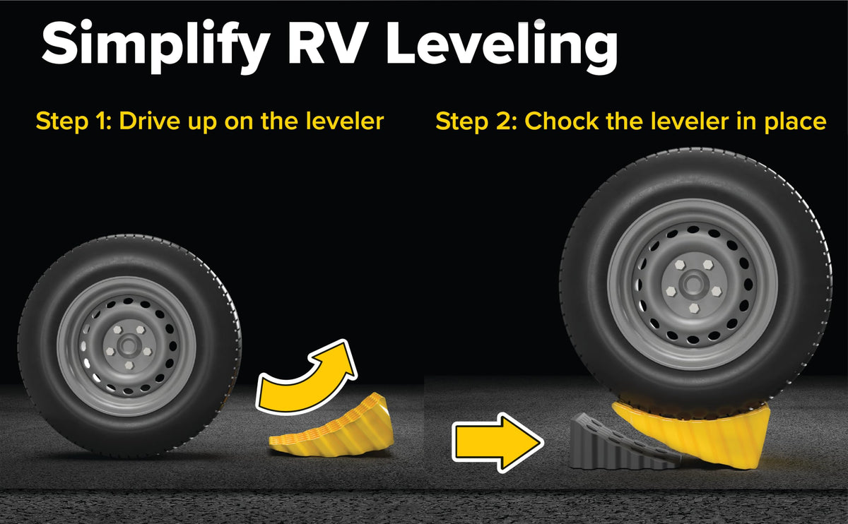 Camco leveler in use under RV tire demonstrating up to 4 inches lift stability
